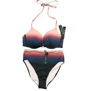 Victorias Secret Archives Swim Ombre Push Up Halter Bikini Set 32D XS Pink Black